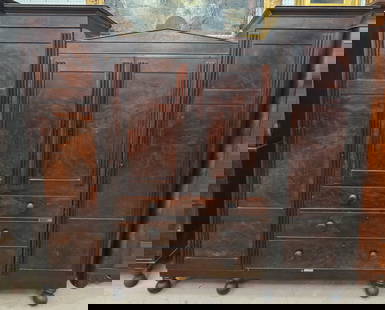 BALTIMORE LINEN PRESS WARDROBE - SIX PIECE: Mahogany and figured veneer; linen press center with wardrobe ends; bun feet; some veneer loss, checking and repair; H-80", L-84", Depth 22", F-G