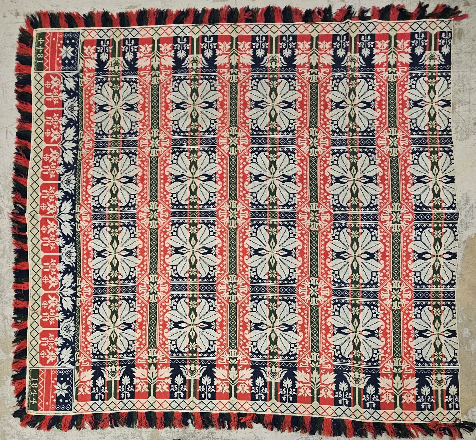 COVERLET: Flowers "1844", red and blue; edge wear; 95" x 97", G-VG