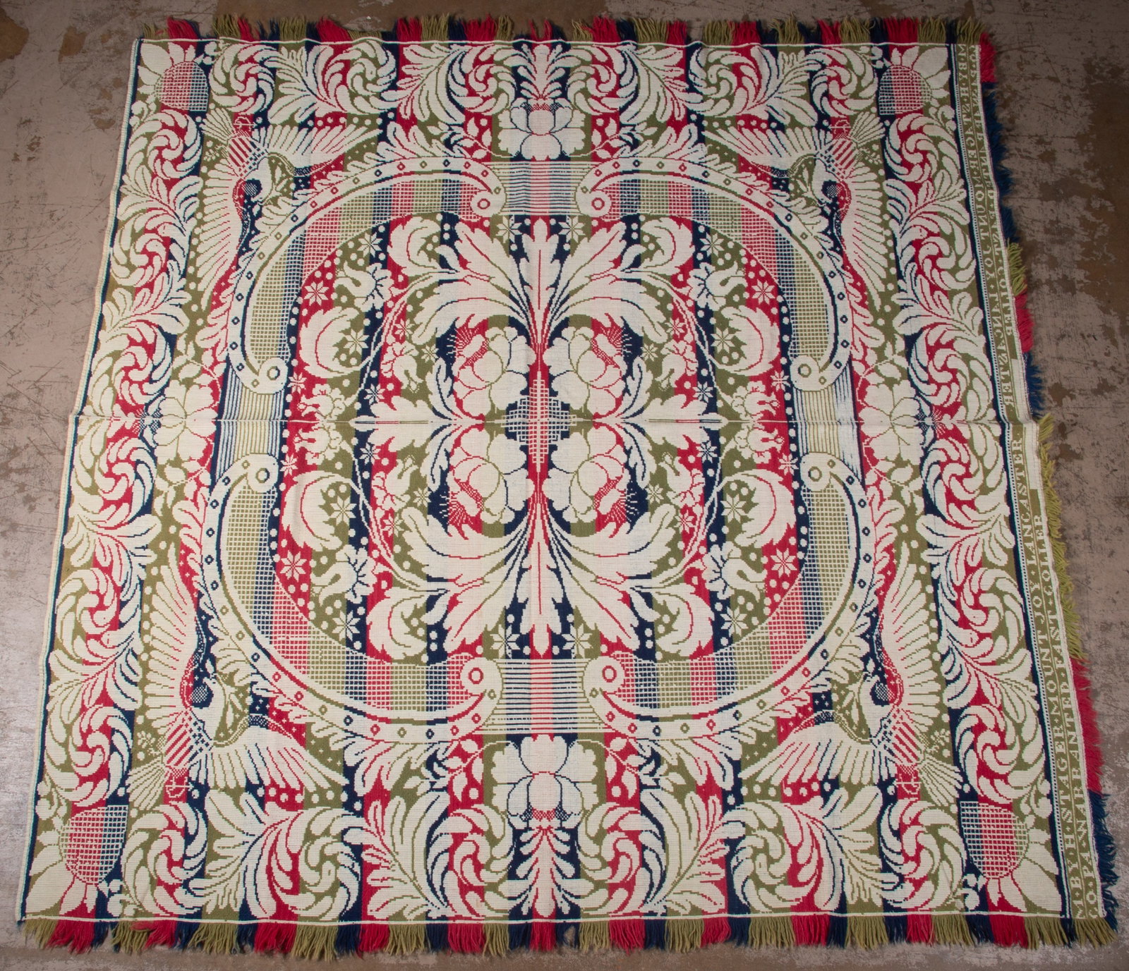 COVERLET: Eagles, leaves, flowers; "H. Stager - Mount Joy Lancaster County PA" "Warranted Fast Color", G-VG