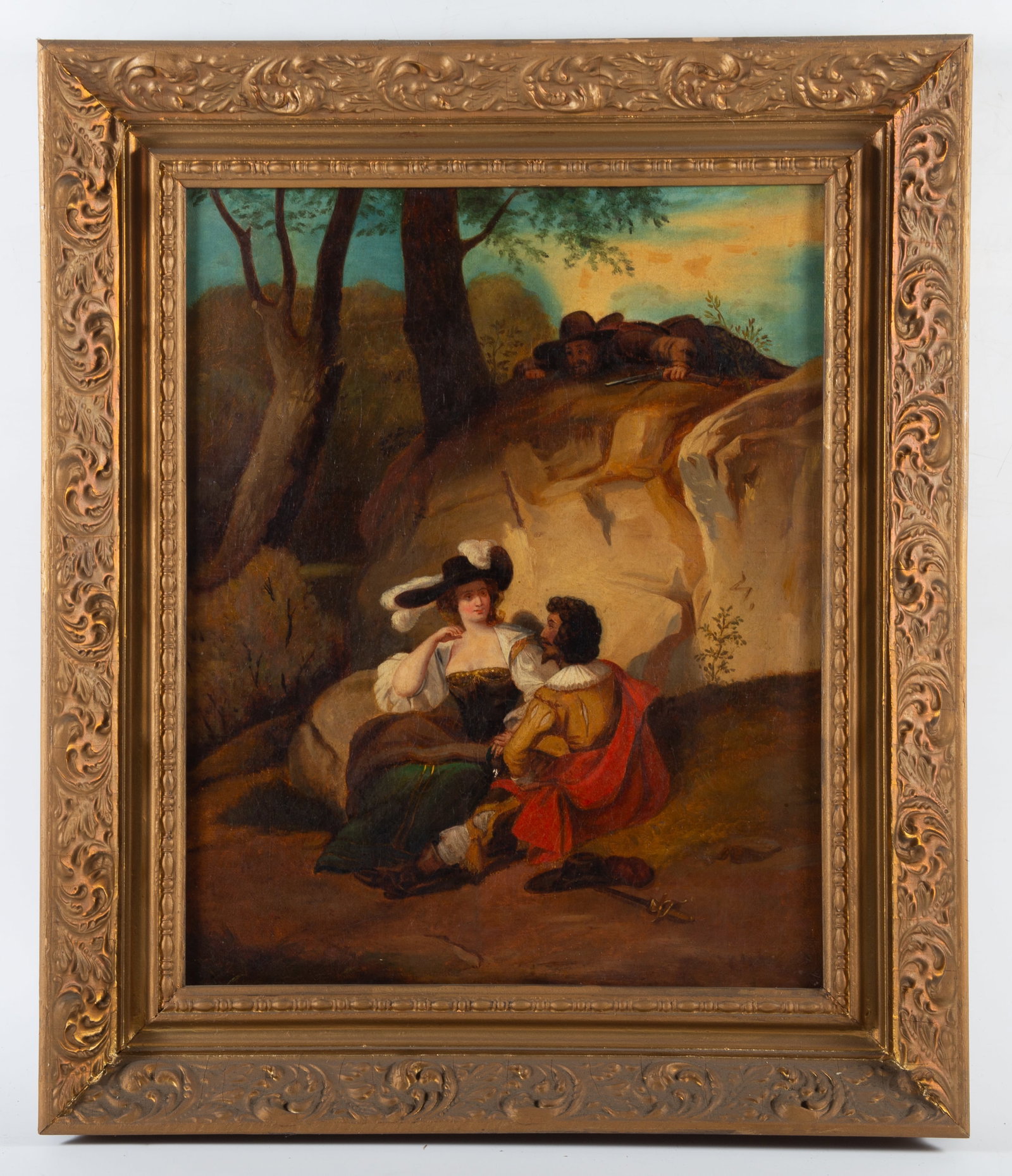 VICTORAIN COURTSHIP PAINTING: Oil on canvas; cavalier courting woman with jealous man with pistol lurking; unsigned; normal wear; image: 18" x 14", framed: 24" x 20", G-VG