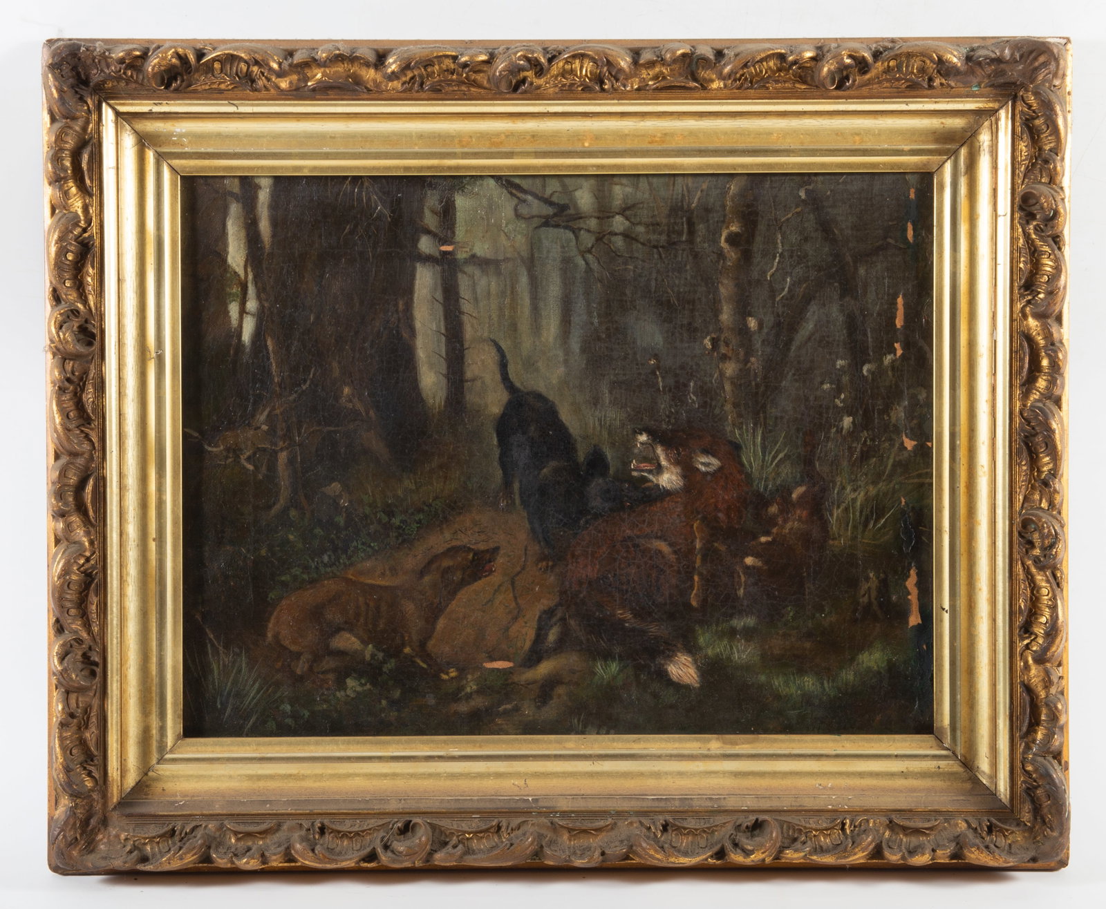 FOX & HOUNDS PAINTING: Oil on canvas; unsigned; (8) small flake spots; somewhat dark; framed size 17" x 20"; image size 12" x 15", F