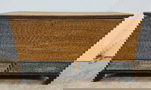 PAINTED BLANKET CHEST: Sponge decorated soft wood; two color; caramel brown with blue drawers; has till and butt hinges; normal wear; 30" high x 50" long x 23" deep, G-VG