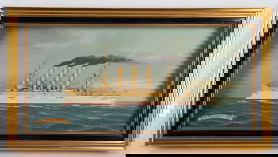 BATTLESHIP BROOKLYN DIORAMA 1895: Signed "J. J. Maristany"; two dimensional; appears to be painted wood (?) on heavy paper(?); normal wear; framed size 15" x 28", VG-EX