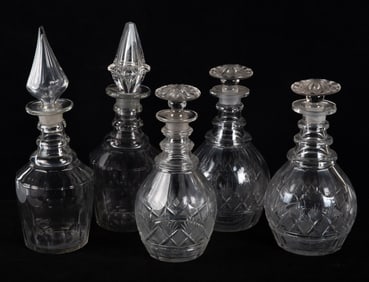 EARLY GLASS DECANTERS (5)