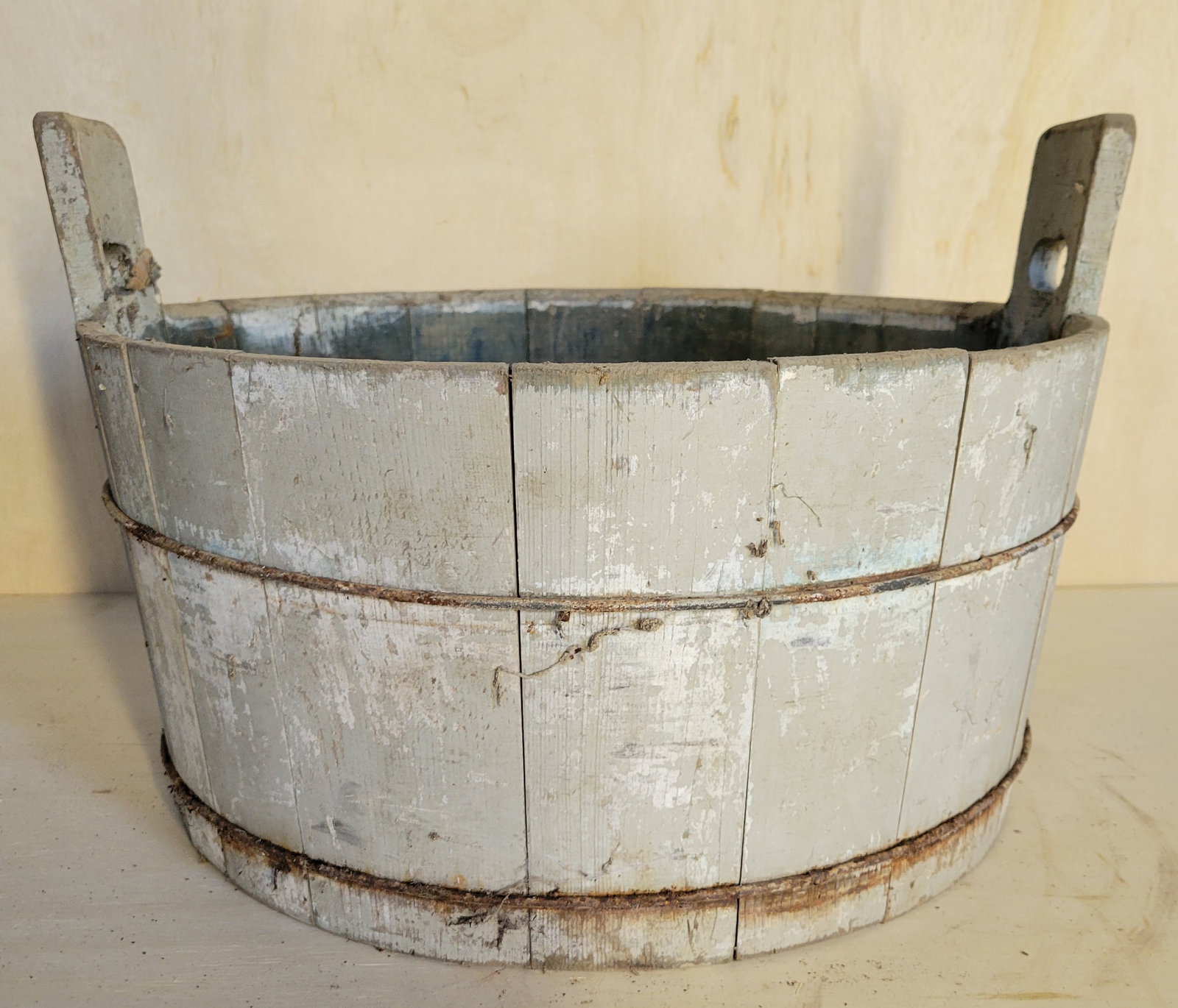 PRIMITIVE WASH TUB: Wood stave basin; grey paint; normal wear; 10 1/2" rim, 14 1/2" handle; Dia.-20 1/2", F-G - ON LOCATION IN PARKTON, MARYLAND - PICK UP ONLY