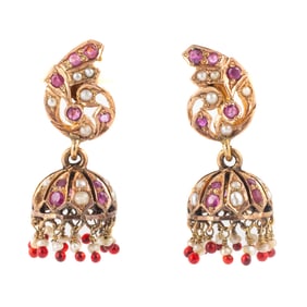 GOLD, RUBY PEARL EARRINGS