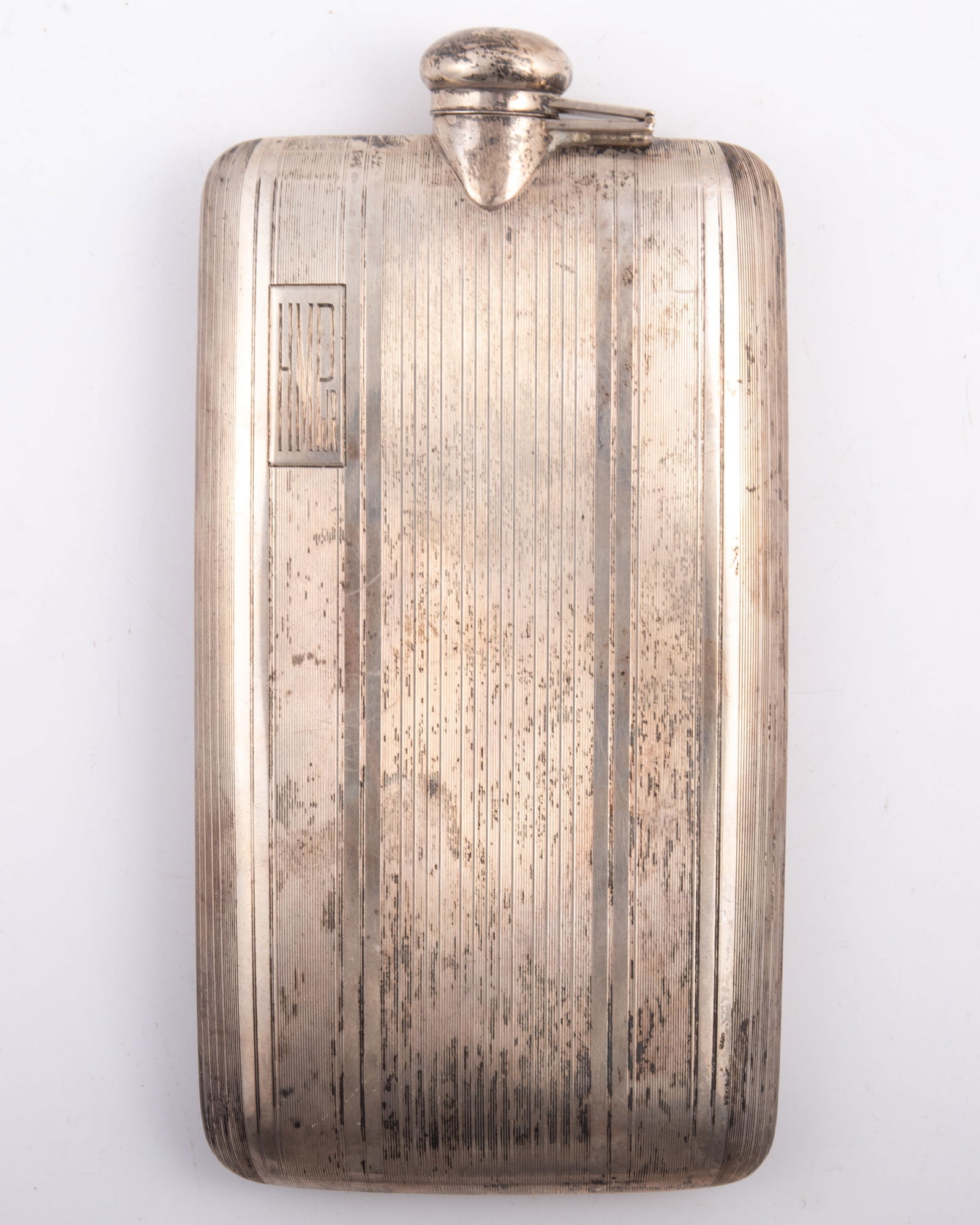 STERLING FLASK: Stamped 755; striped with monogram H.M.D. Jr., [11.04 TO], minor scratches and dents, L-8", G-VG