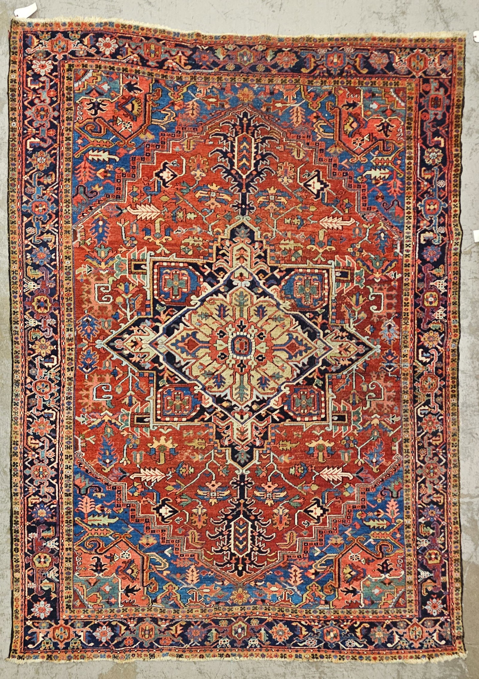HERIZ CARPET: Fringe loss; several low/worn spots, 132" x 96", F-G