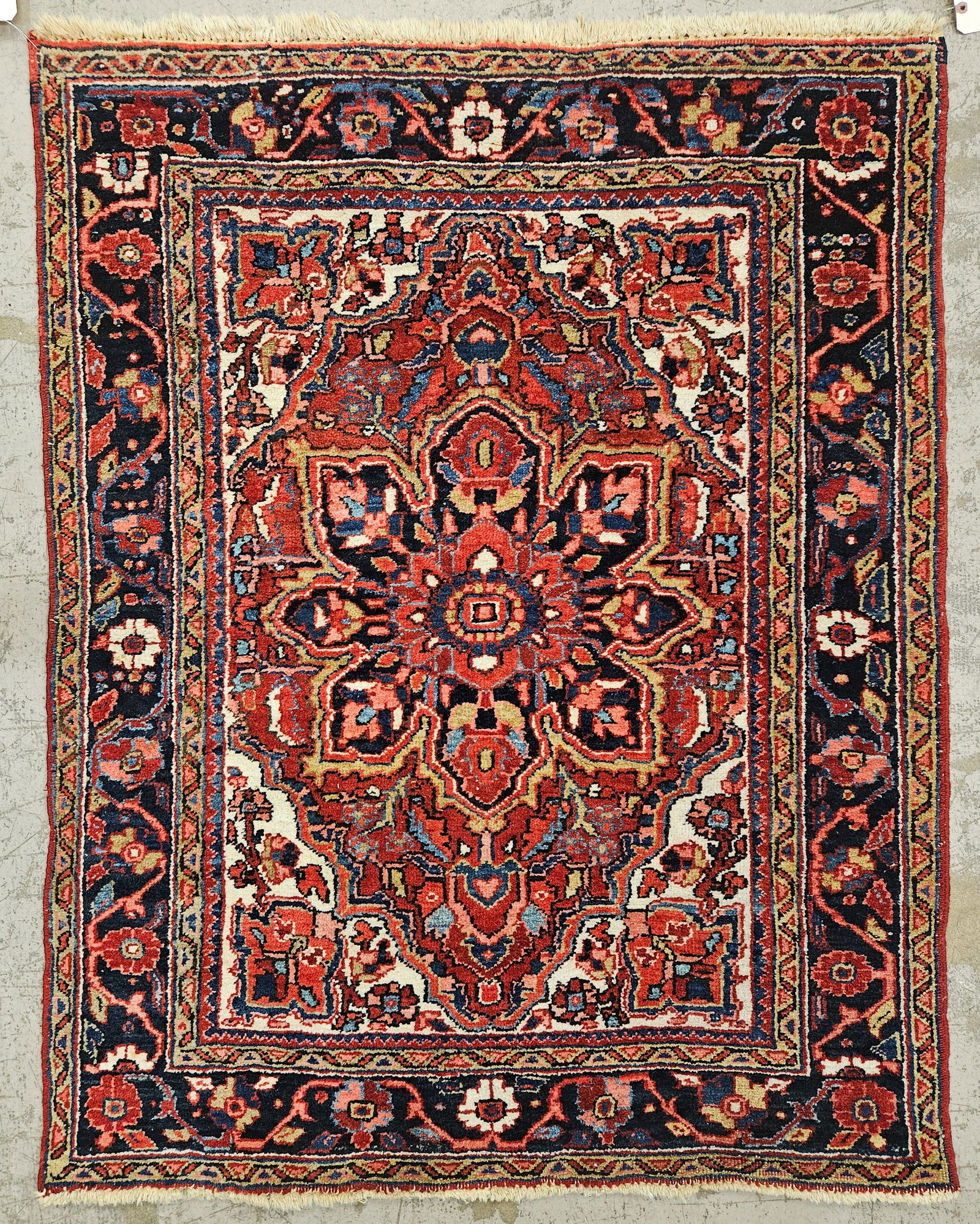 HERIZ RUG: Some fringe loss; normal wear; 56" x 44", G-VG
