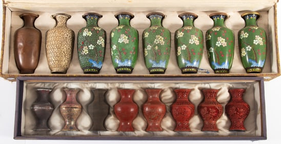 CLOISONNE & CINNABAR DISPLAYS (2) SETS