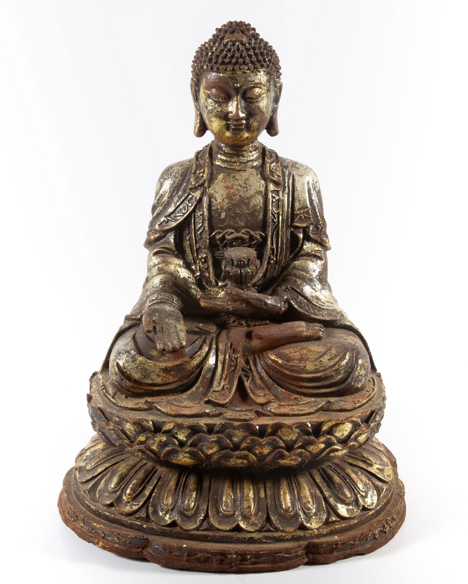 BUDDHA STATUE: Medicine Buddha, gilt cast metal (appears to be cast iron), seated lotus position; rust; H-18", F-G