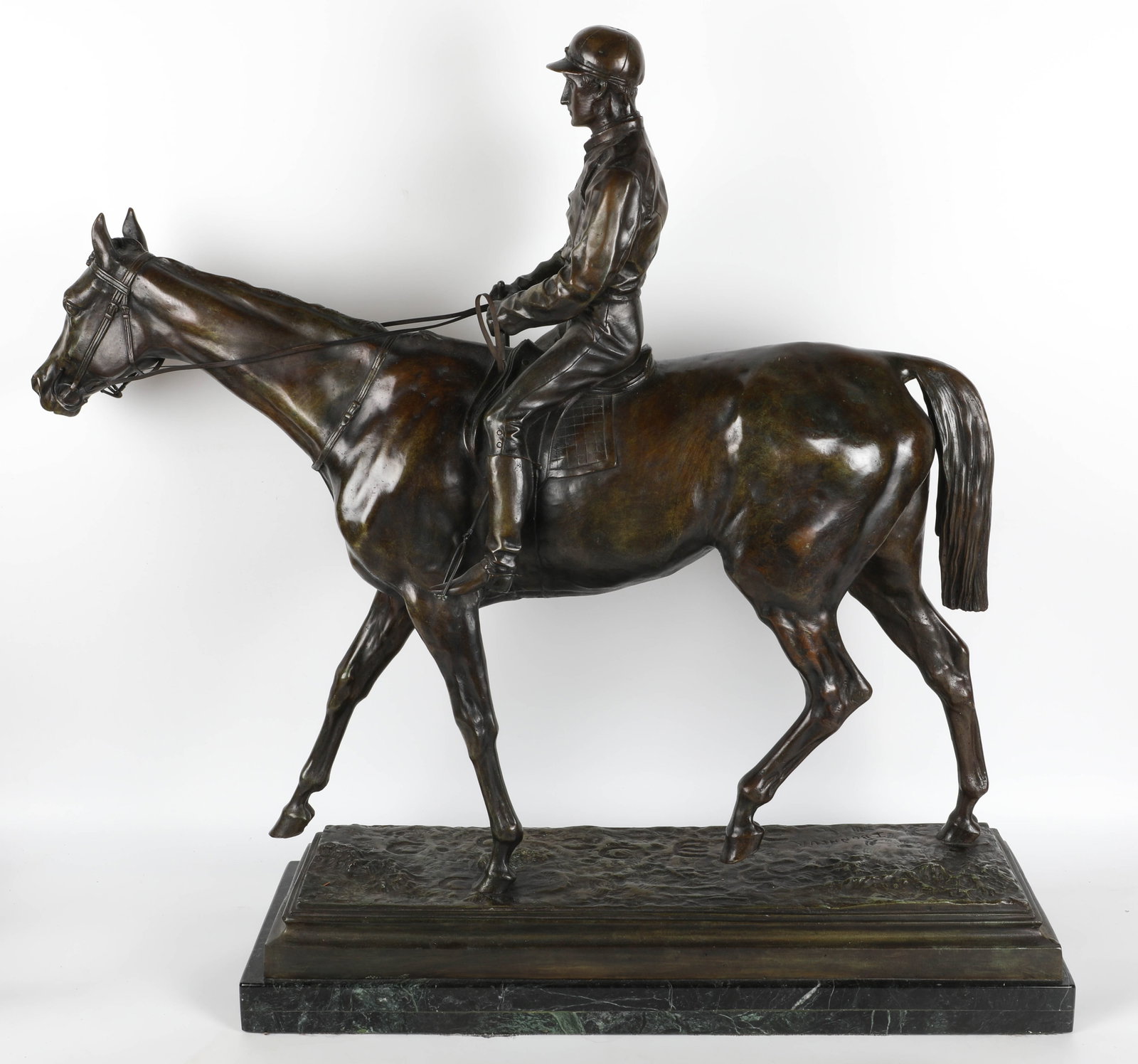 I. BONHEUR JOCKEY BRONZE: Signed in base; set on green variegated marble base; normal wear; H-31", L-36", VG