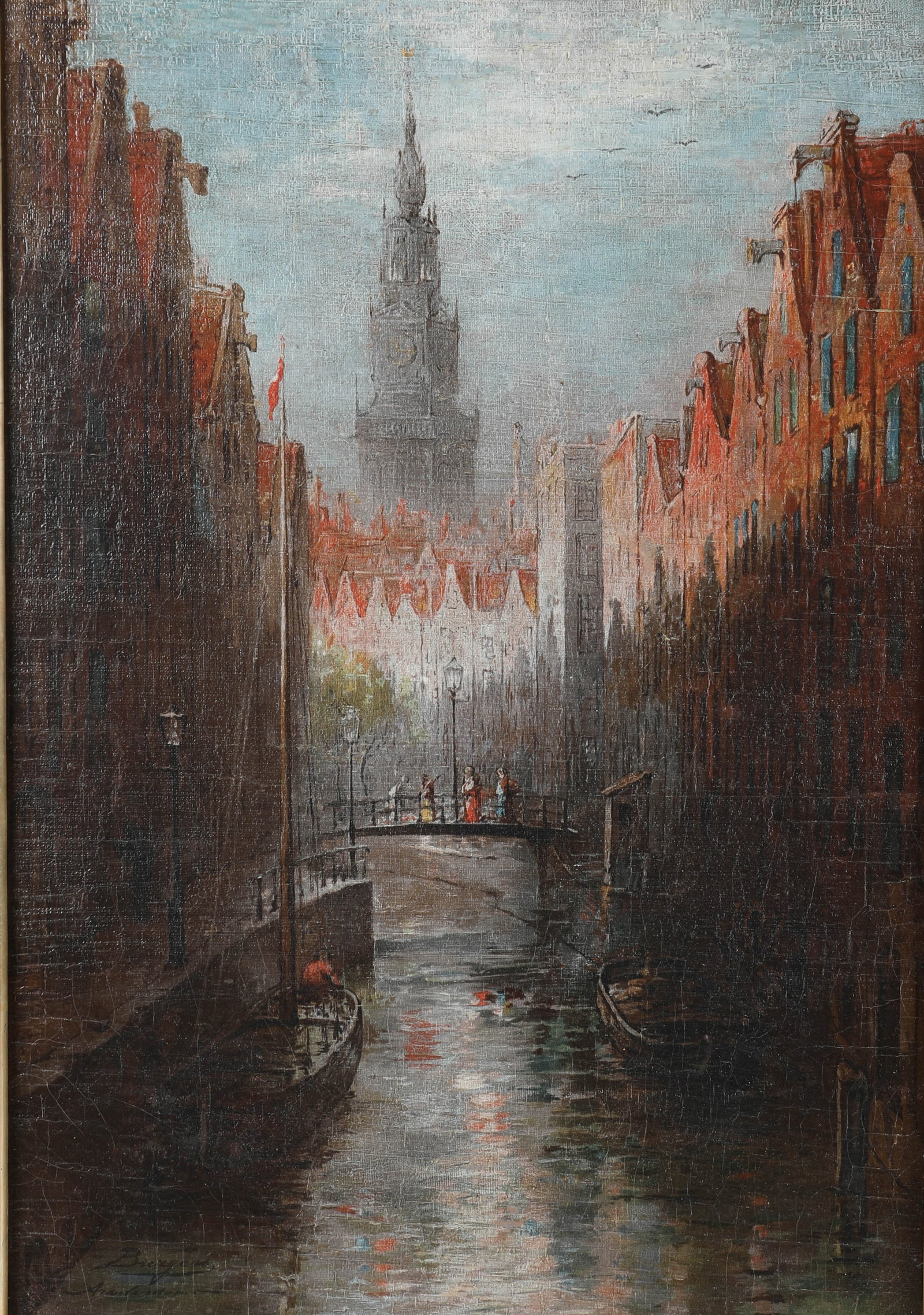 H. BURGERS CANAL PAINTING: Oil on canvas; Hendrick Burgers signed lower left, Amsterdam; relined; image: 25" x 18", framed: 34" x 27", G