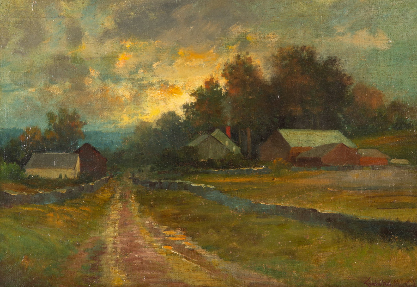 CHARLES MOCKARD PAINTING: Oil on canvas; landscape painting at dusk; signed lower right; normal wear; image: 14" x 20", framed: 20" x 26", G-VG