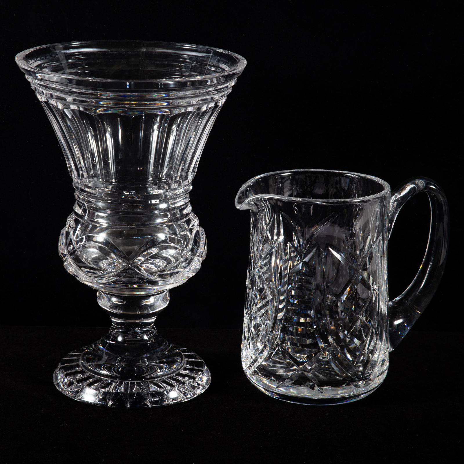 CRYSTAL WARE (2): (1) William Yeoward vase, H-9 3/4", (1) Brierly (?) pitcher, H-6 1/2", normal wear; VG-EX