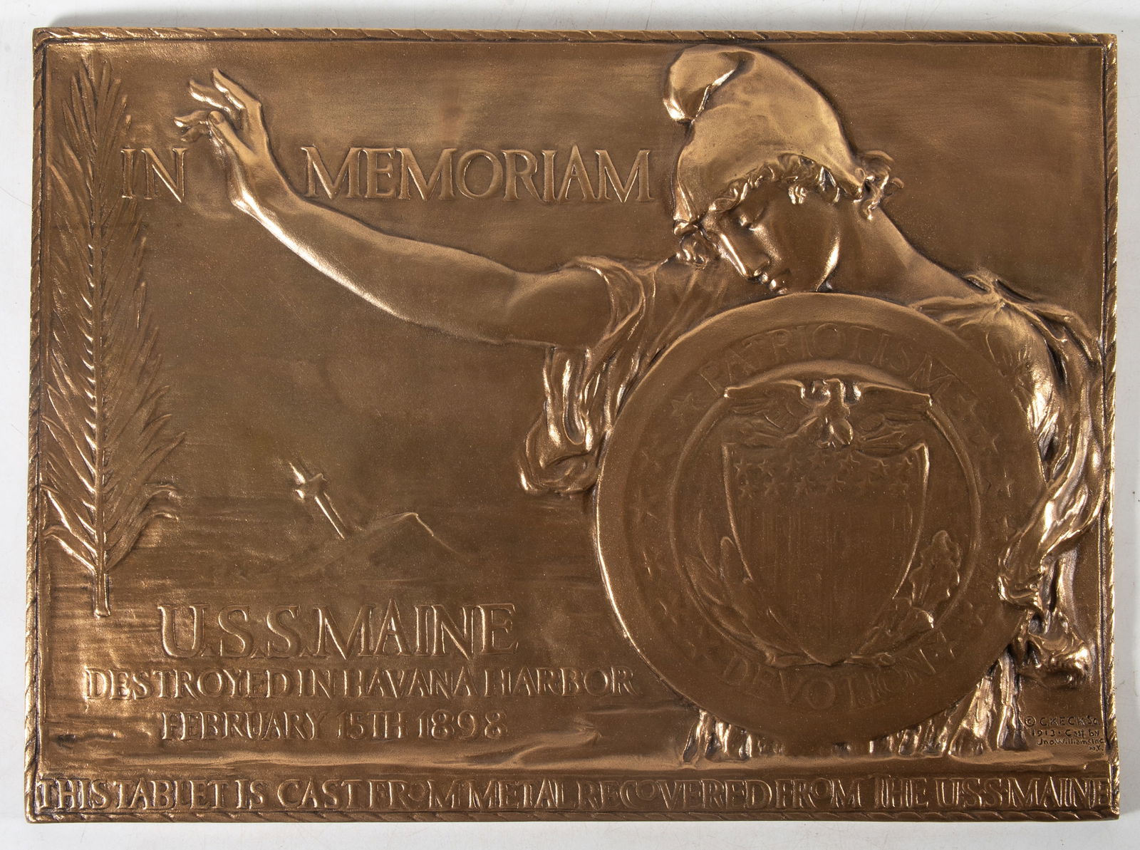 U.S.S. MAINE BRONZE PLAQUE: 1913 signed (C. Keck) cast by John Williams NY "In Memoriam" U.S.S. Maine Destroyed in Havana Harbor February 15, 1898; polish wear; 13" x 17 1/2", G-VG