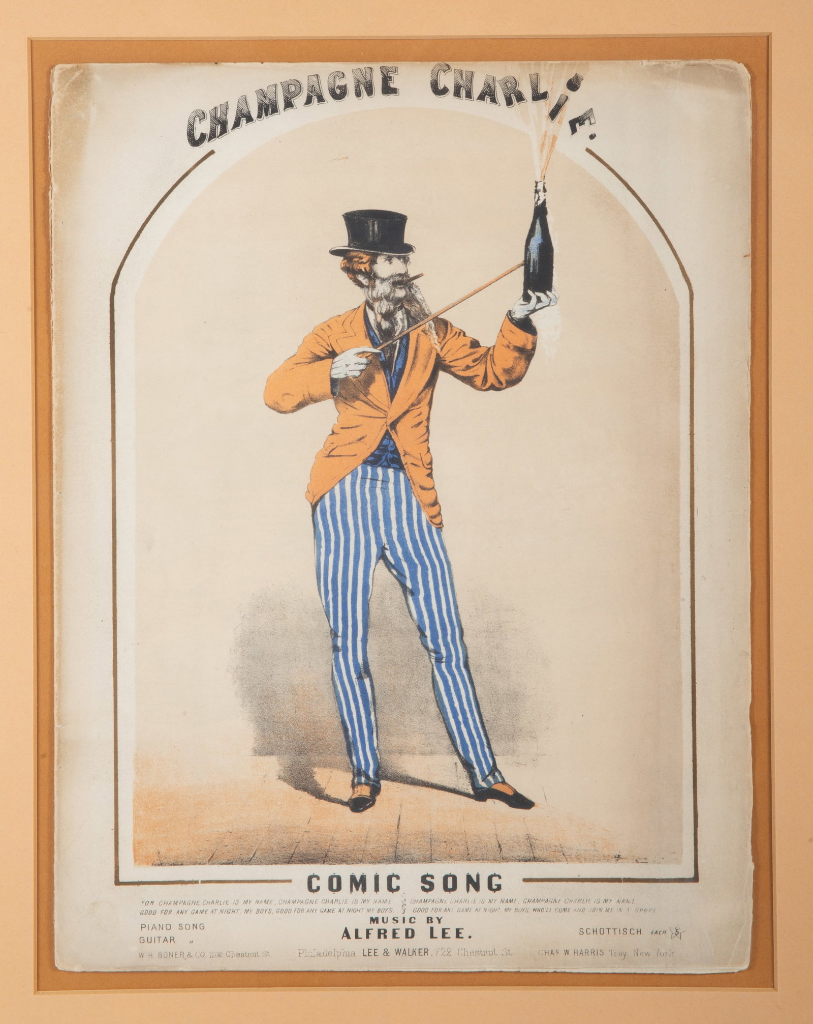 "CHAMPAGNE CHARLIE" SHEET MUSIC 1867: Colorful litho cover; music by Alfred Lee; printed in New York; not inspected under the frame but appears to have interior; toning and edge roughness; frame: 20" x 16", F-G