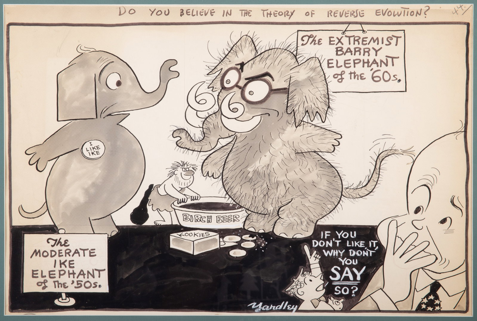 YARDLEY POLITICAL CARTOON: Original gouache drawing; signed lower middle; image: 12" x 19", frame: 16" x 23", G-VG