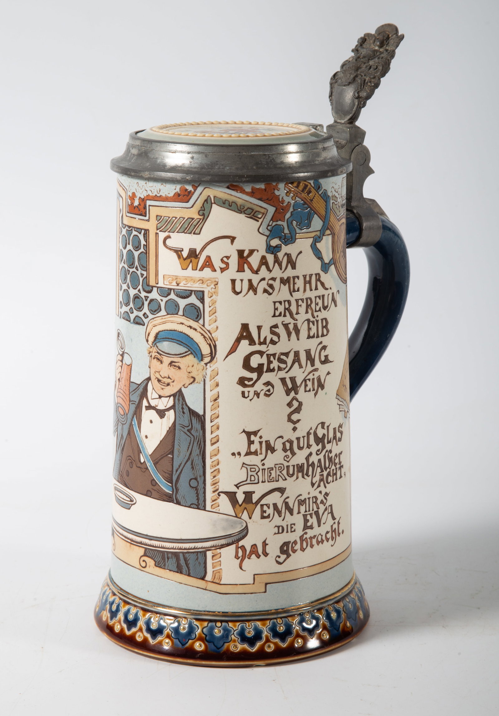 METTLACH STEIN: 1/2 L, "student and barmaid with saying", #2520; normal wear; H-9", VG-EX