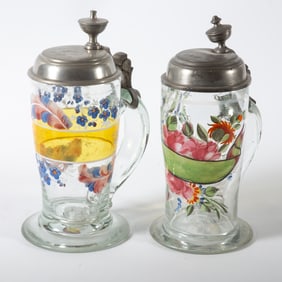 GLASS & ENAMEL STEINS (2)