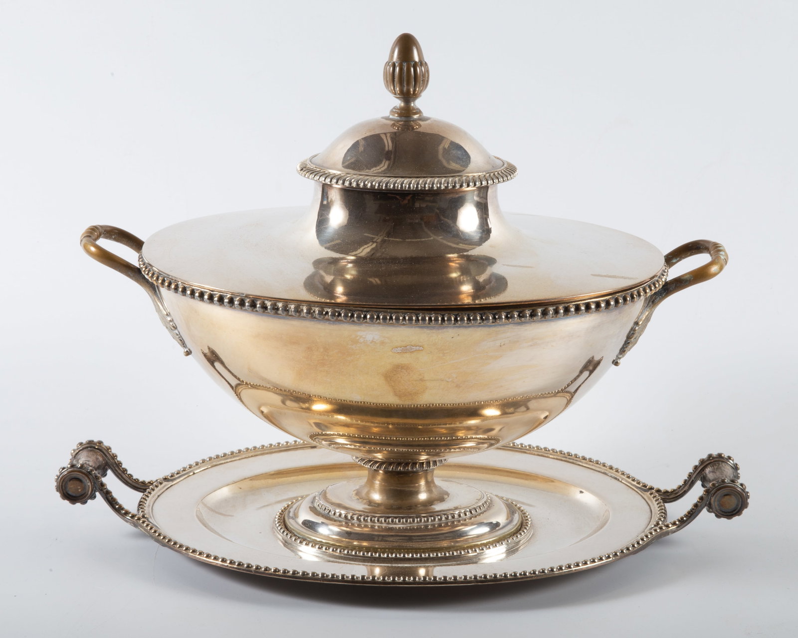 SILVER PLATE TUREEN: Marked P.G.S. & D.S. with underplate, H - 12" x L - 14", wear on finial and handles, F-G