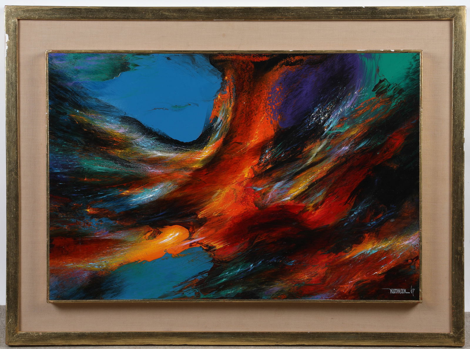 NIERMAN ABSTRACT PAINTING: Oil on masonite, entitled "Genesis", signed lower right "67", image 16" x 24" - double framed 22" x 30", normal wear, VG-EX