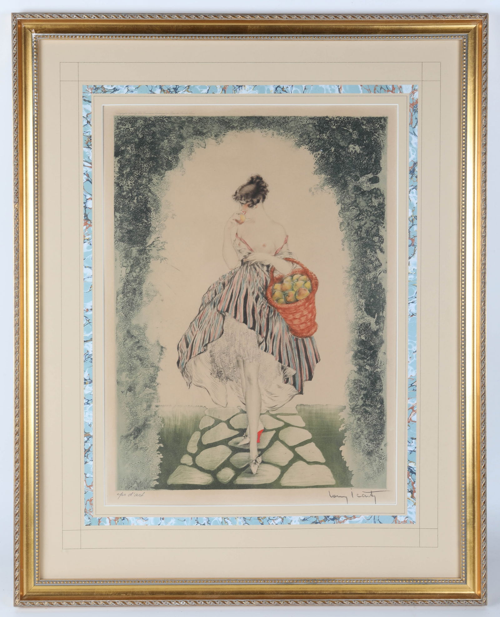 LOUIS ICART ARTIST PROOF: "Le Panier de Pommes", colored, artist signed lower right "esp d'art" written lower left, image 18"x13" - frame 26 1/4"x21", toned, G-VG