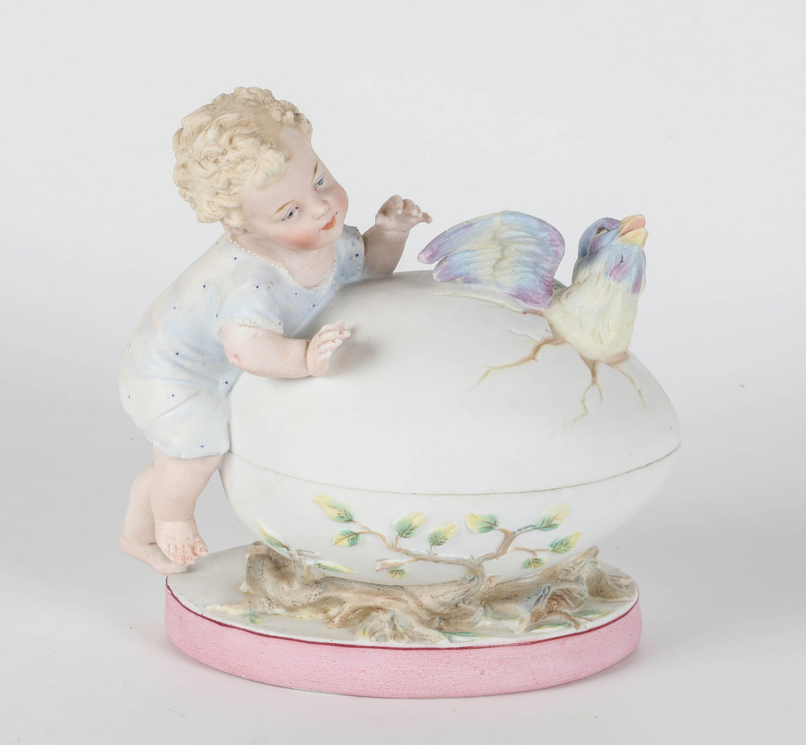 GERMAN BISQUE EGG BOX: Quality German covered box, chick hatching from egg with child watching, H-7" x L-6 1/2", VG-EX