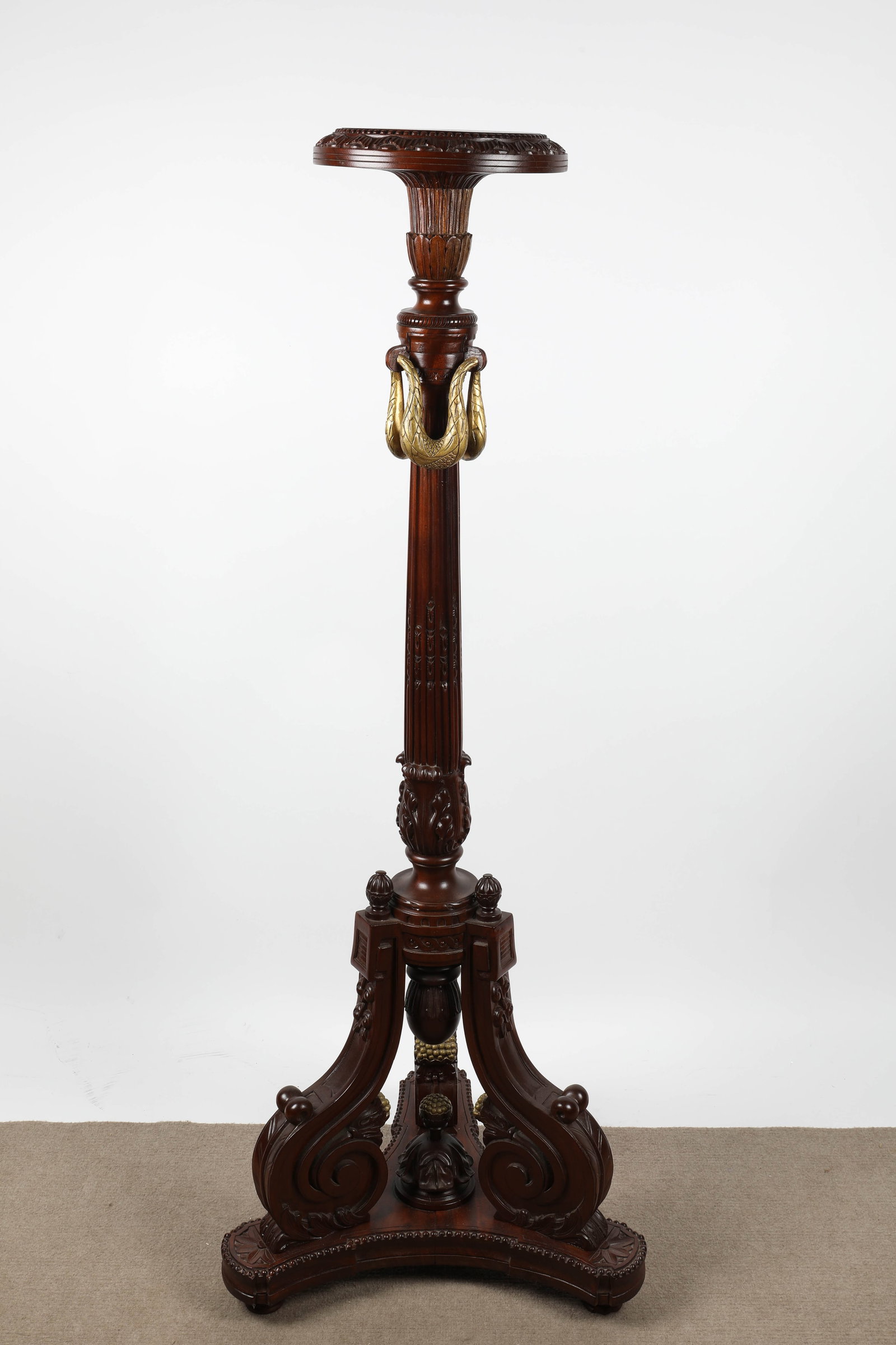REGENCY STYLE PLANT STAND/PEDESTAL: Carved mahogany with gilt painted accents, 23" wide base, 57"-H, VG, EX