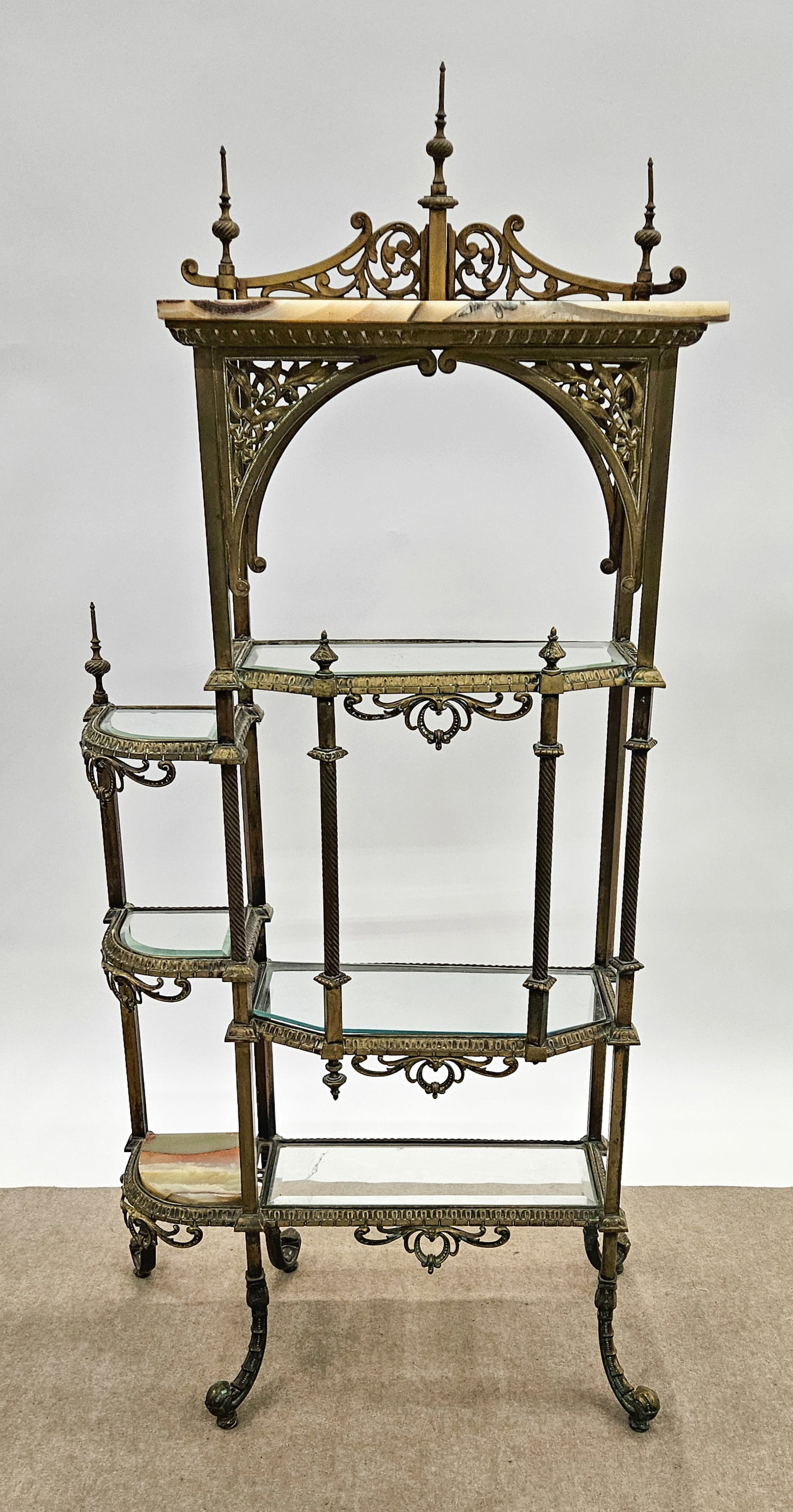 BRASS AND ONYX ETAGERE: Aesthetic style, H-64"xW-28", normal wear, G-VG