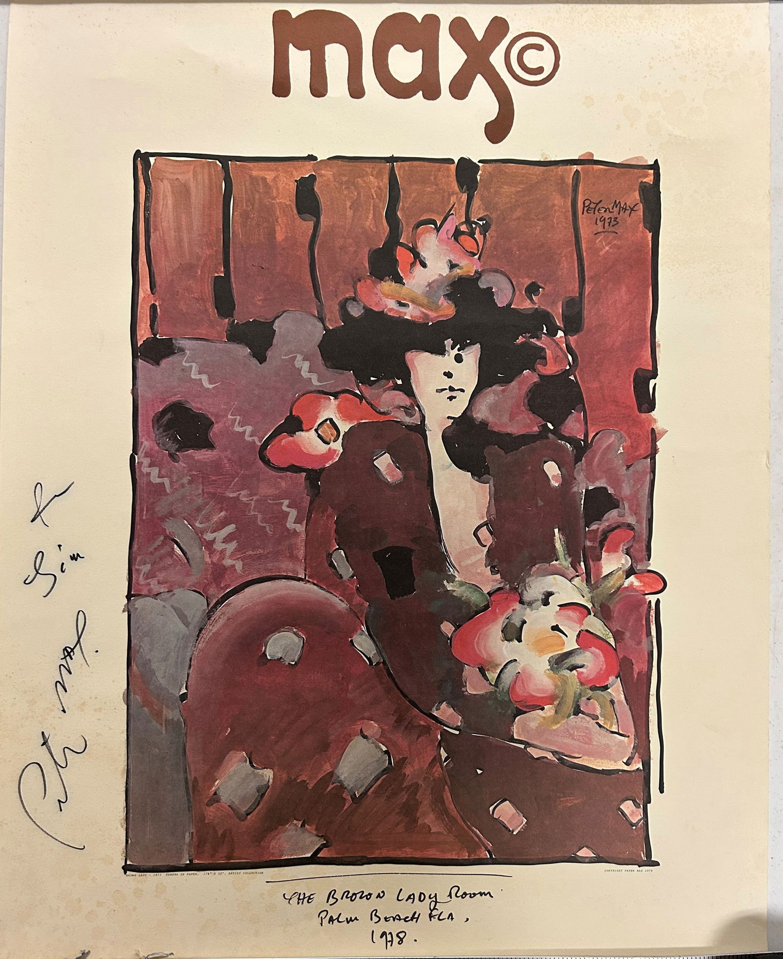 PETER MAX LITHOGRAPH: "The Brown Lady Room", 1978-copyright-Palm Neach, Fla., unframed, 29"x22 1/2", VG-EX