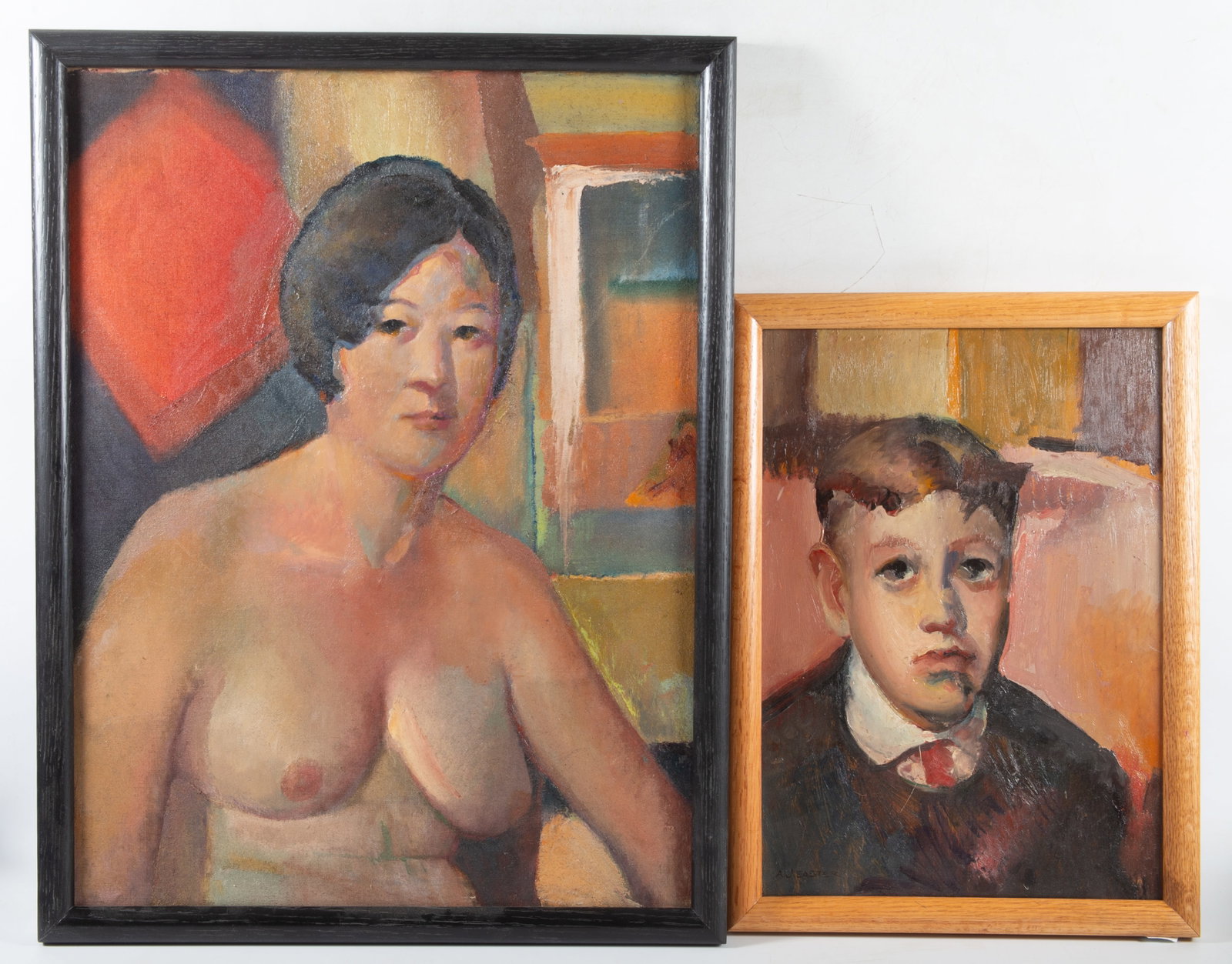 (2) EASTER PORTRAITS: (1) nude woman oil on canvas, framed 25"x20"; (1) young boy oil on wood, framed 19"x13 1/2", signed on reverse, G-VG