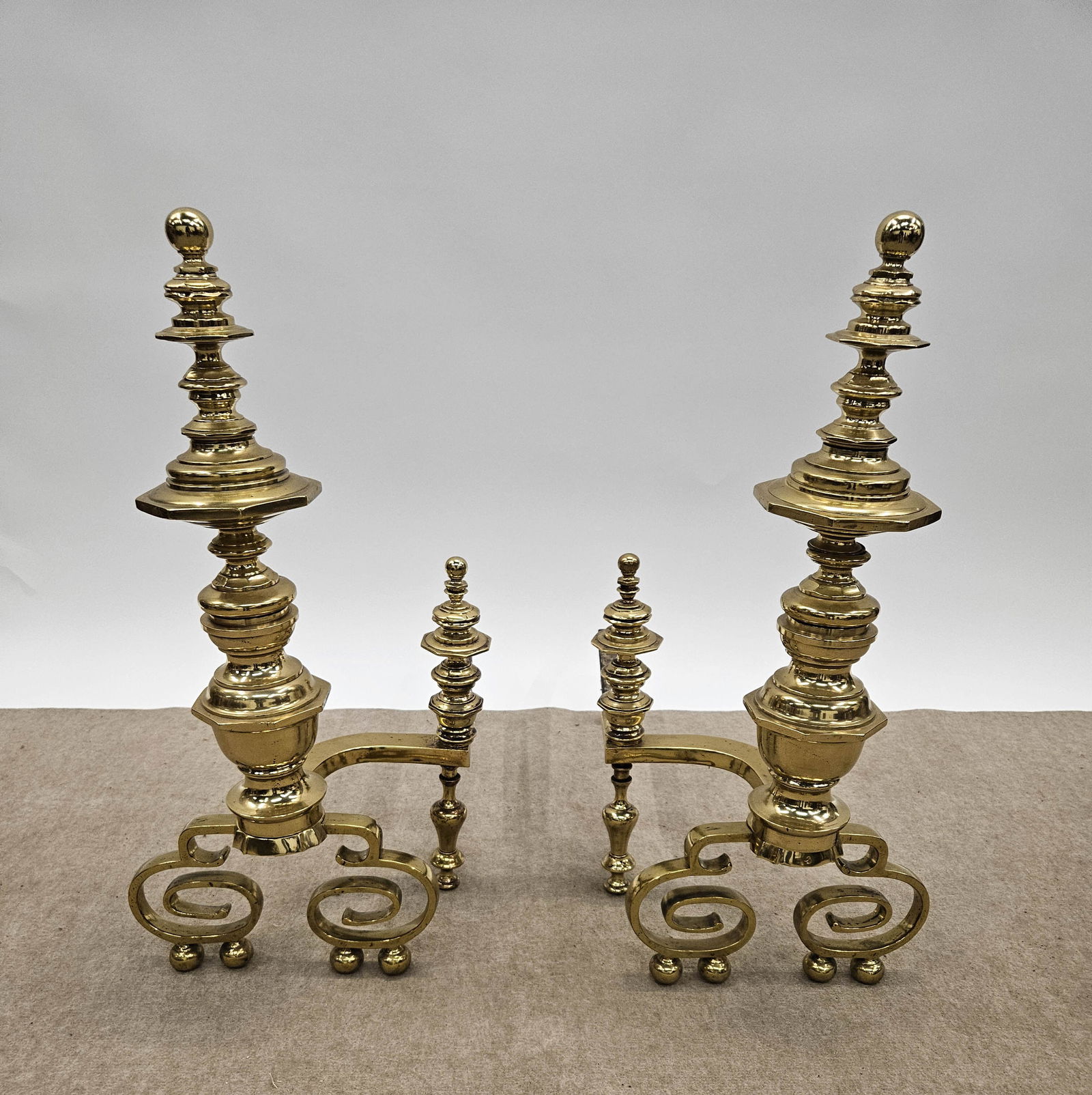 MONUMENTAL ANDIRONS: Brass, H-28" x D-25", polished, VG-EX