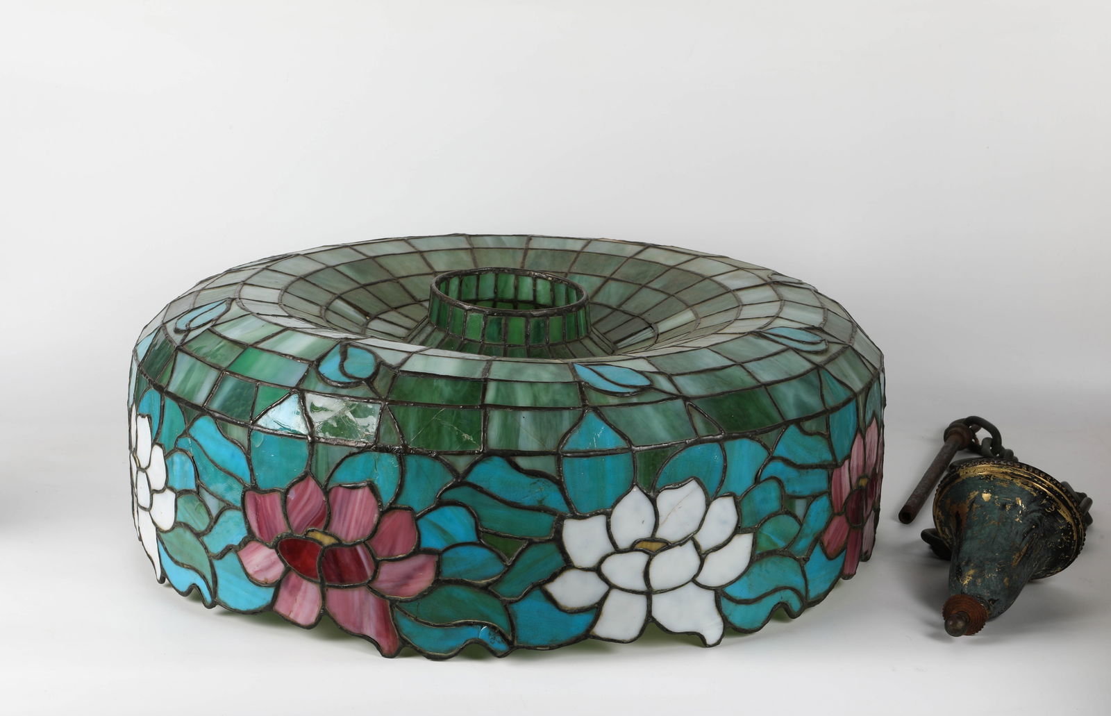 STAINED GLASS HANGING SHADE: Colorful stained glass & leaded light with flowers, H-8 1/2"x24" diameter, some bends and cracks, early repair, G