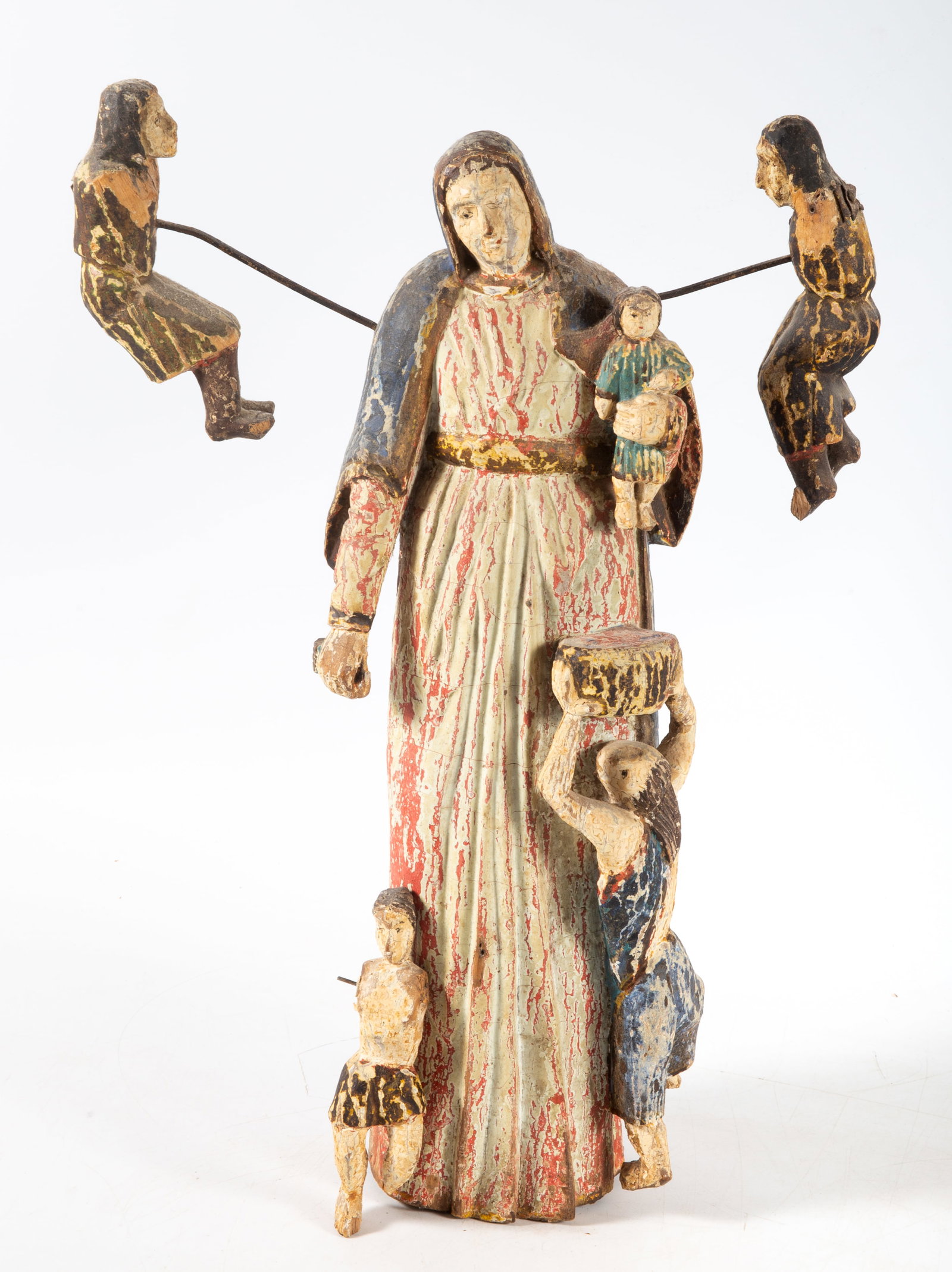 SANTOS FIGURE: Carved and painted wood, Mary holding Jesus w/other figures, H-17", paint and limb losses, wear, F-G