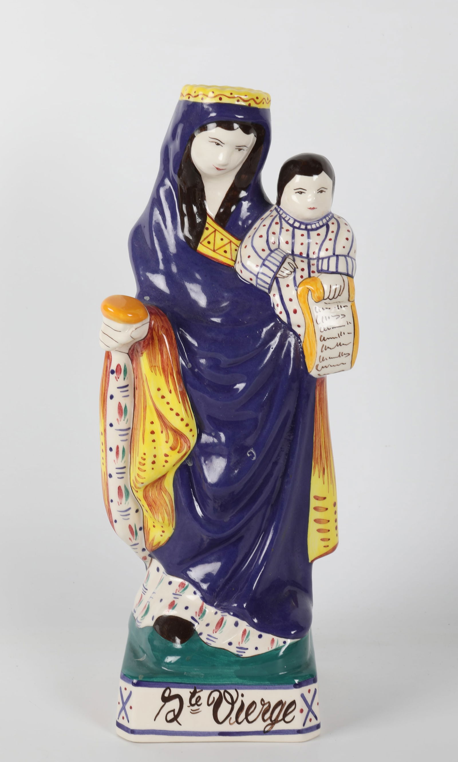 QUIMPER VIRGIN MARY: Painted ceramic figure of Virgin Mary, "Ste Vierge", H-13 3/4", normal wear, VG-EX
