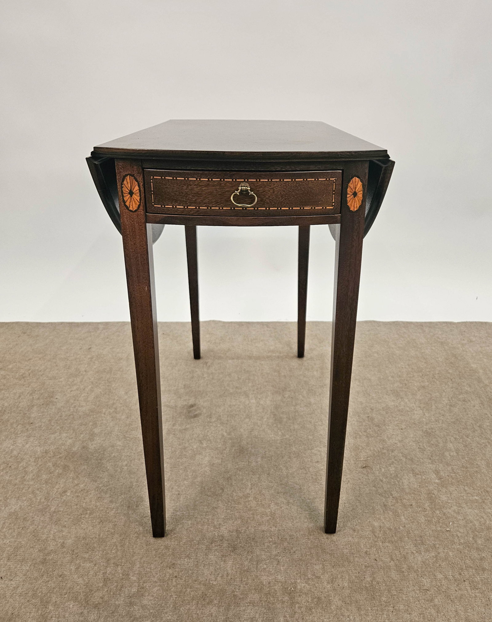 MAHOGANY INLAID PEMBROKE TABLE: Mahogany, Hepplewhite style (1) drawer, finish is crazed, 26"Hx14"Wx28"L, normal wear, G+