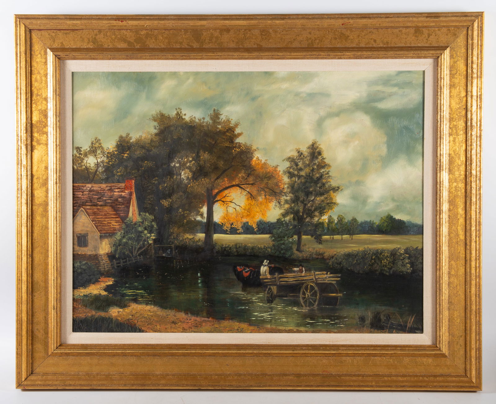 FARM SCENE PAINTING: Oil on masonite, farm wagon and farmers in stream, image 18"x24" - frame 24 1/2"x30 1/2", normal wear, G