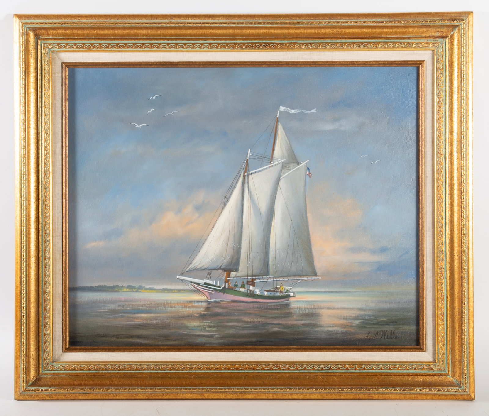 WILLS SKIPJACK PAINTING: Oil on canvas, signed lower right 'Fred Wills', "Lady…" and flying American flag, image 16"x20" - frame 21"x25", normal wear, VG