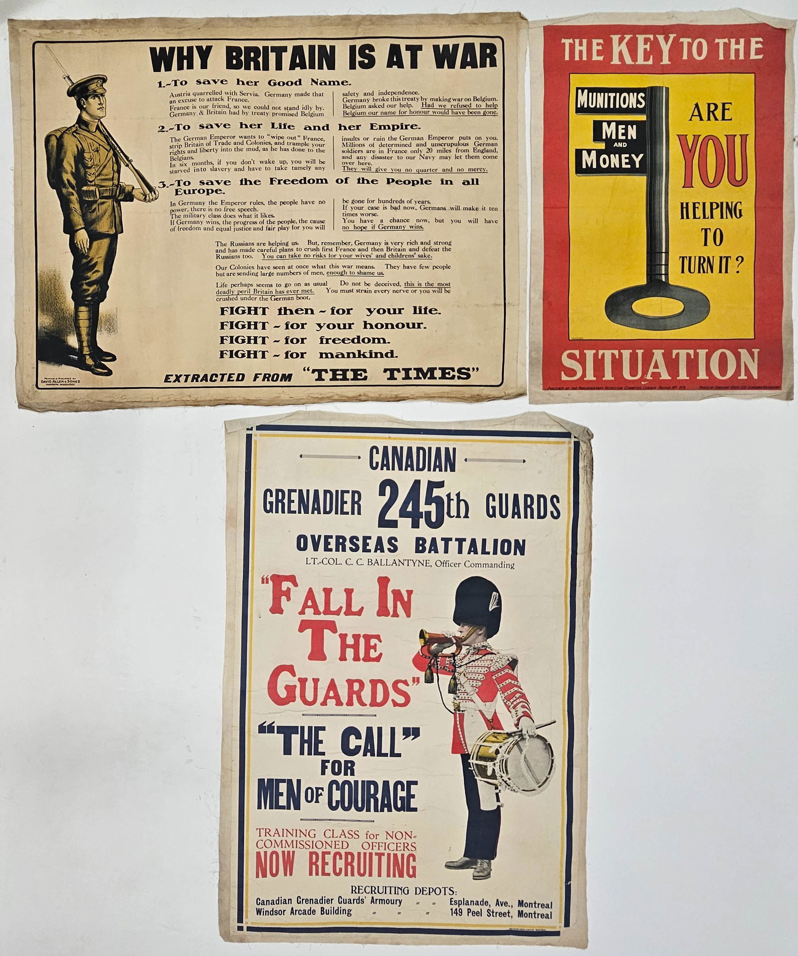(3) CANADIAN WWI POSTERS: Colorful litho backed by linen, largest piece 43"x30", P-F