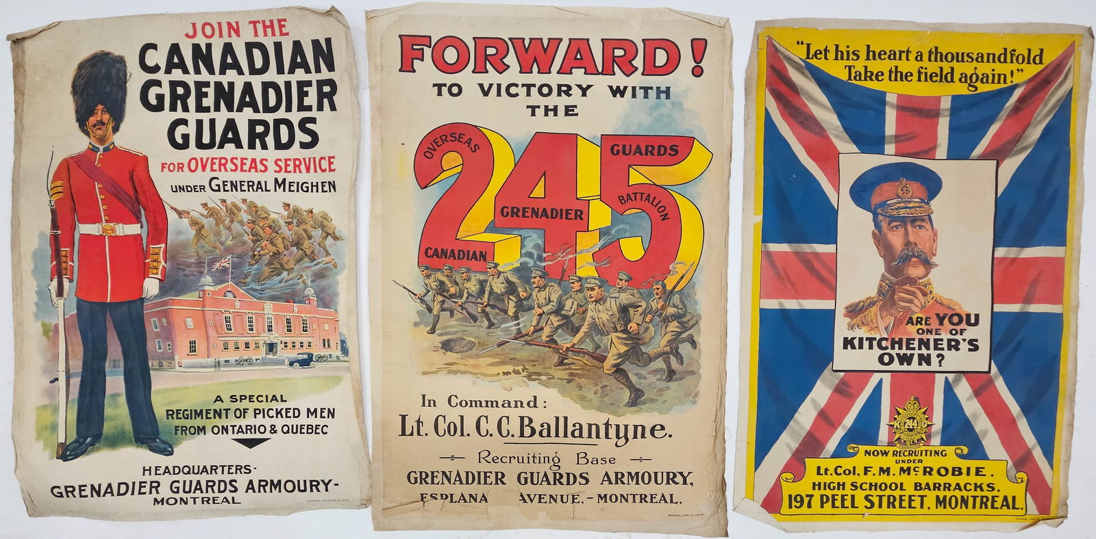 (3) CANADIAN WWI POSTERS: Colorful litho backed by linen, 43"x30", P-F