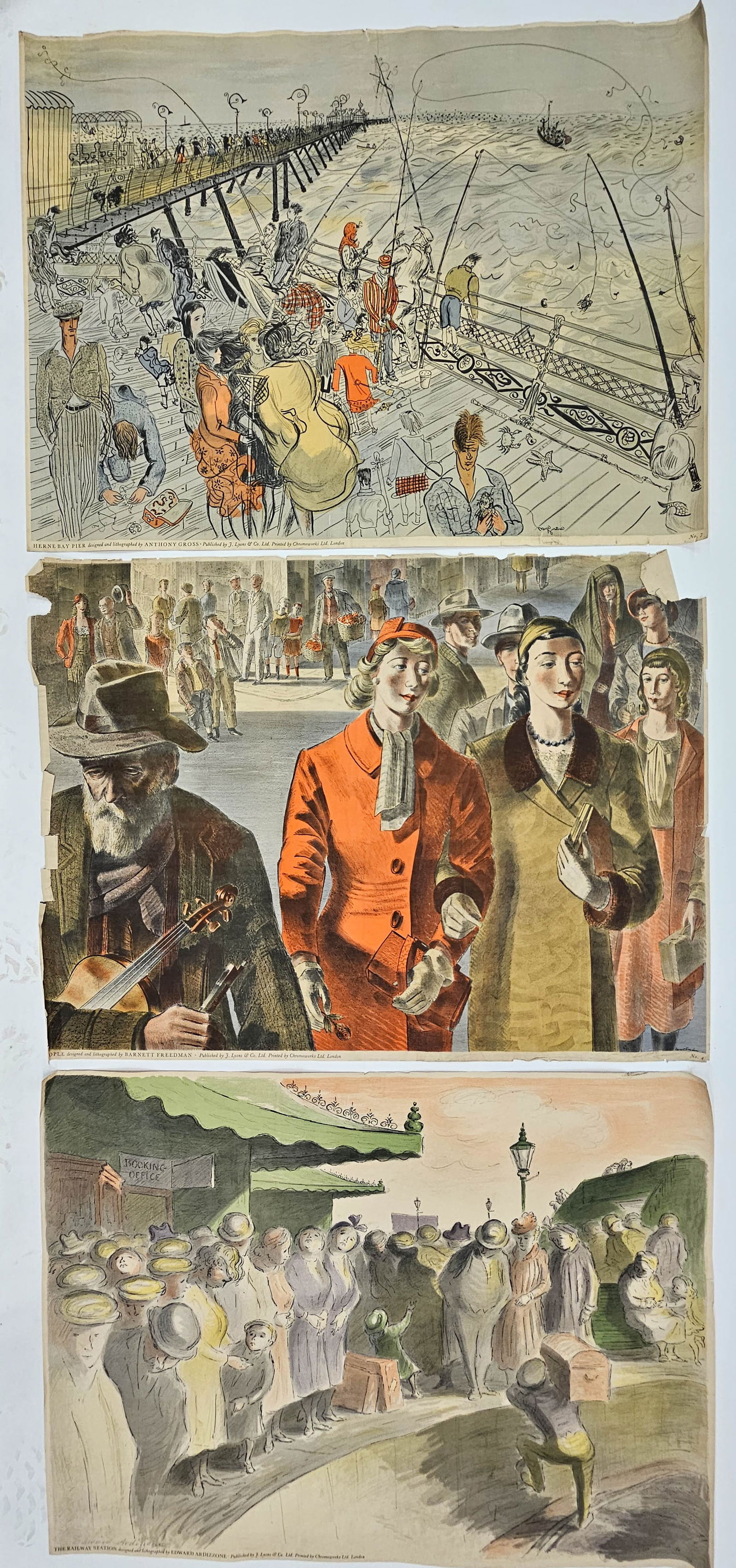 (3) LYONS/CHROMOWORKS POSTERS: Lithographs for Lyons Tea Shops: (1) The Railway Station by Edward Ardizzone (No.1); (1) People by Barnett Freedman (No.4); (1) Herne Bay Pier by Anthony Glass (No.7), 30"x39", P-F