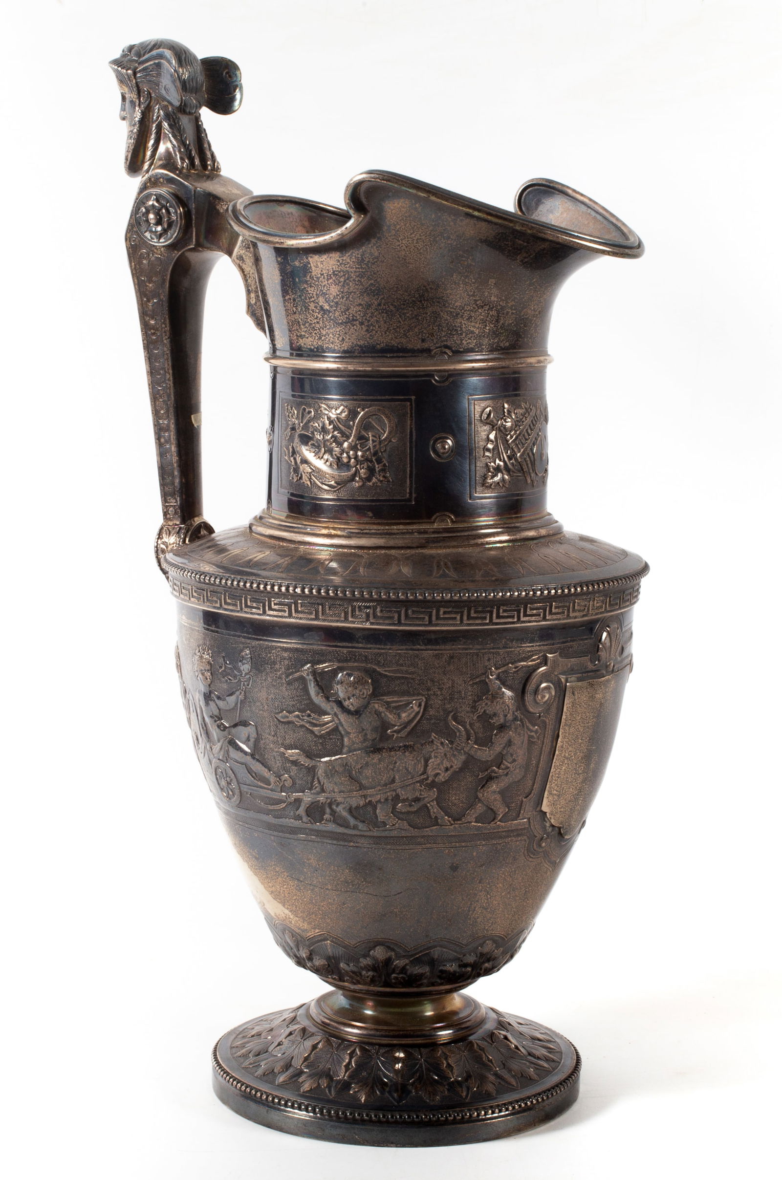 ANTIQUE STERLING SILVER PITCHER: Marked Shreve Stanwood & Co. Boston, putti decoration; [41.7 ozt], H-14", VG