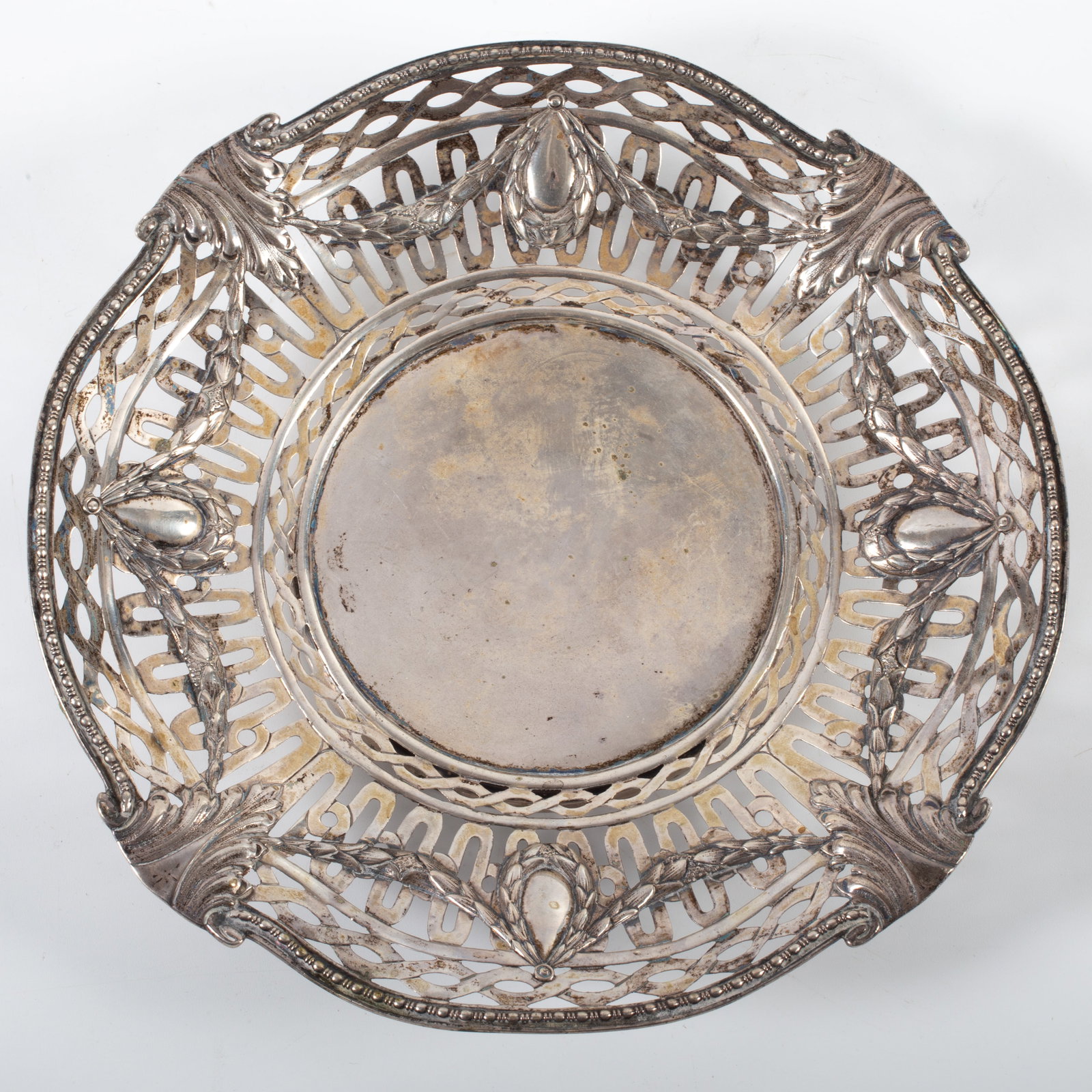 SILVER LOW TAZZA: 800 silver, marked "W.S.H." open work with swag and medallion decoration; wear; [10.9 ozt], Dia.-9", G
