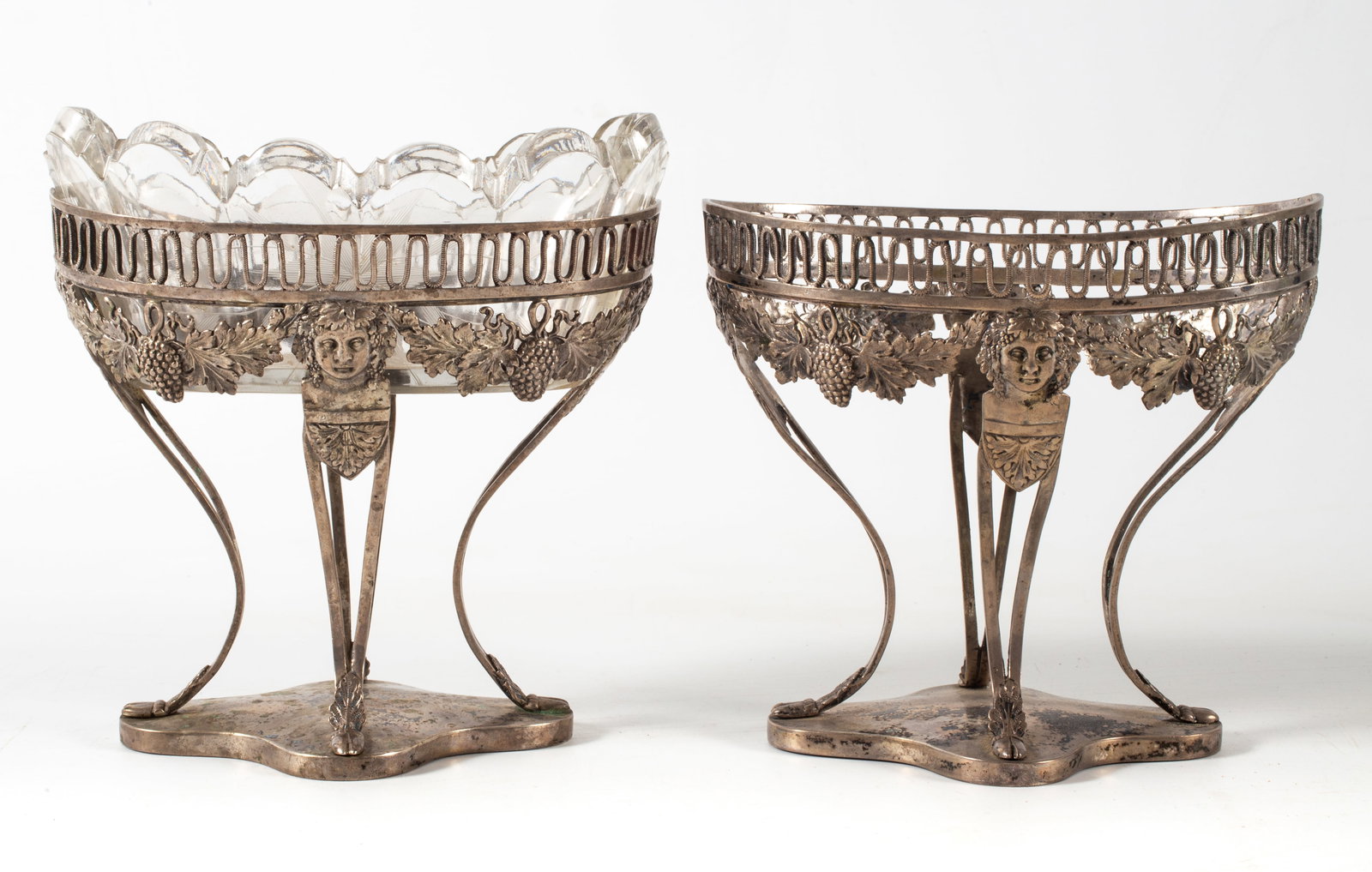 ANTIQUE NEOCLASSICAL BOWLS (2): Possibly silver; one has cut glass insert; H-5", L-5 1/2", F-G