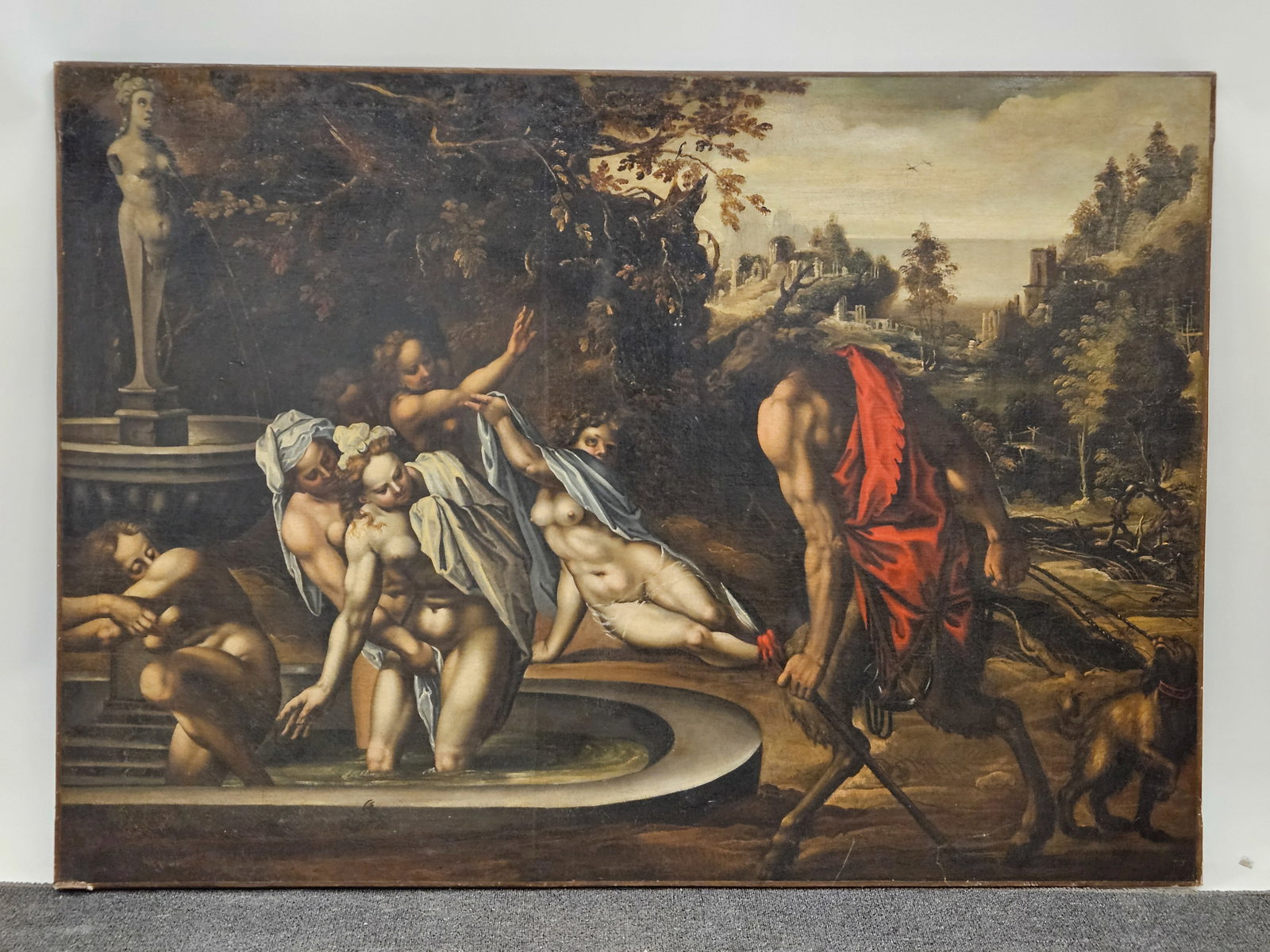 MYTHOLOGICAL SCENE OIL ON CANVAS: Image of Diana & Actaeon; circle of De Gheyn; unframed; relined; some touch-up; 40" x 56", G-VG