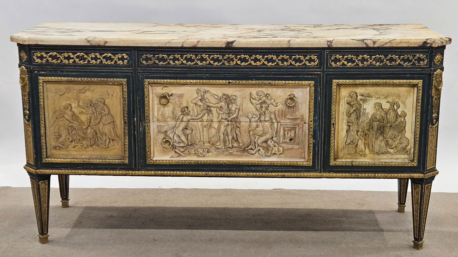 LOUIS XVI STYLE CREDENZA: Polychromed classical decoration; ormolu mounts; some wear; H-36", L-70 1/2", 22 1/2" deep; G