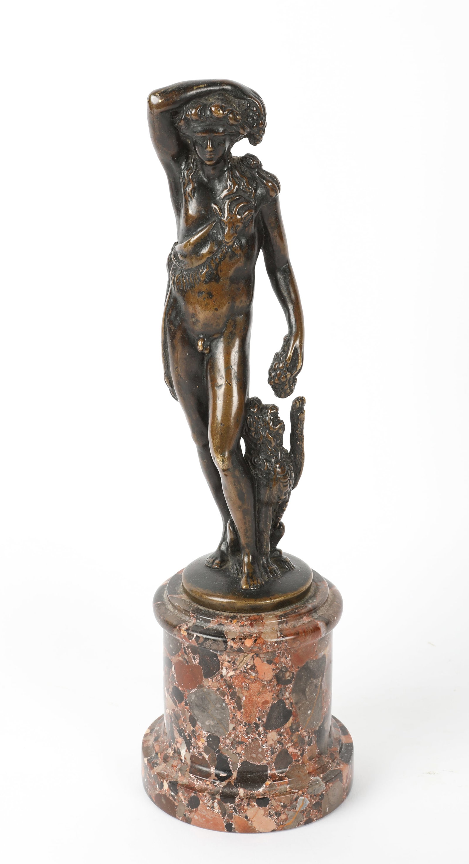 BRONZE FIGURE OF BACCHUS with PANTHER: After Barthelmy Prieur; marble base; some wear to patina; H-13 1/4", G