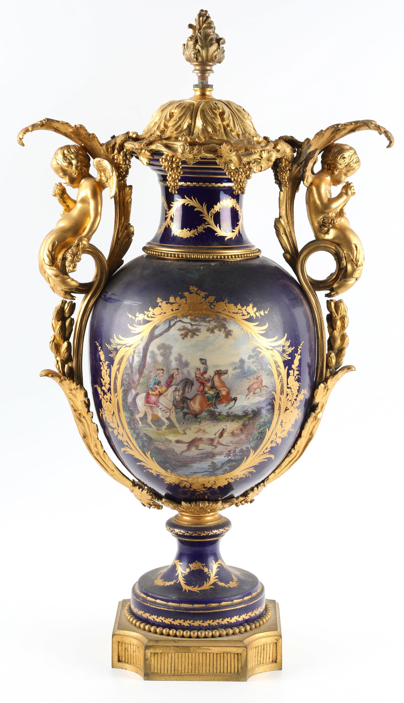 ANTIQUE SEVRES URN: Painted porcelain hunt scene; ormolu mounts; large piece broken and missing; some extra pieces; H-29 1/2", F