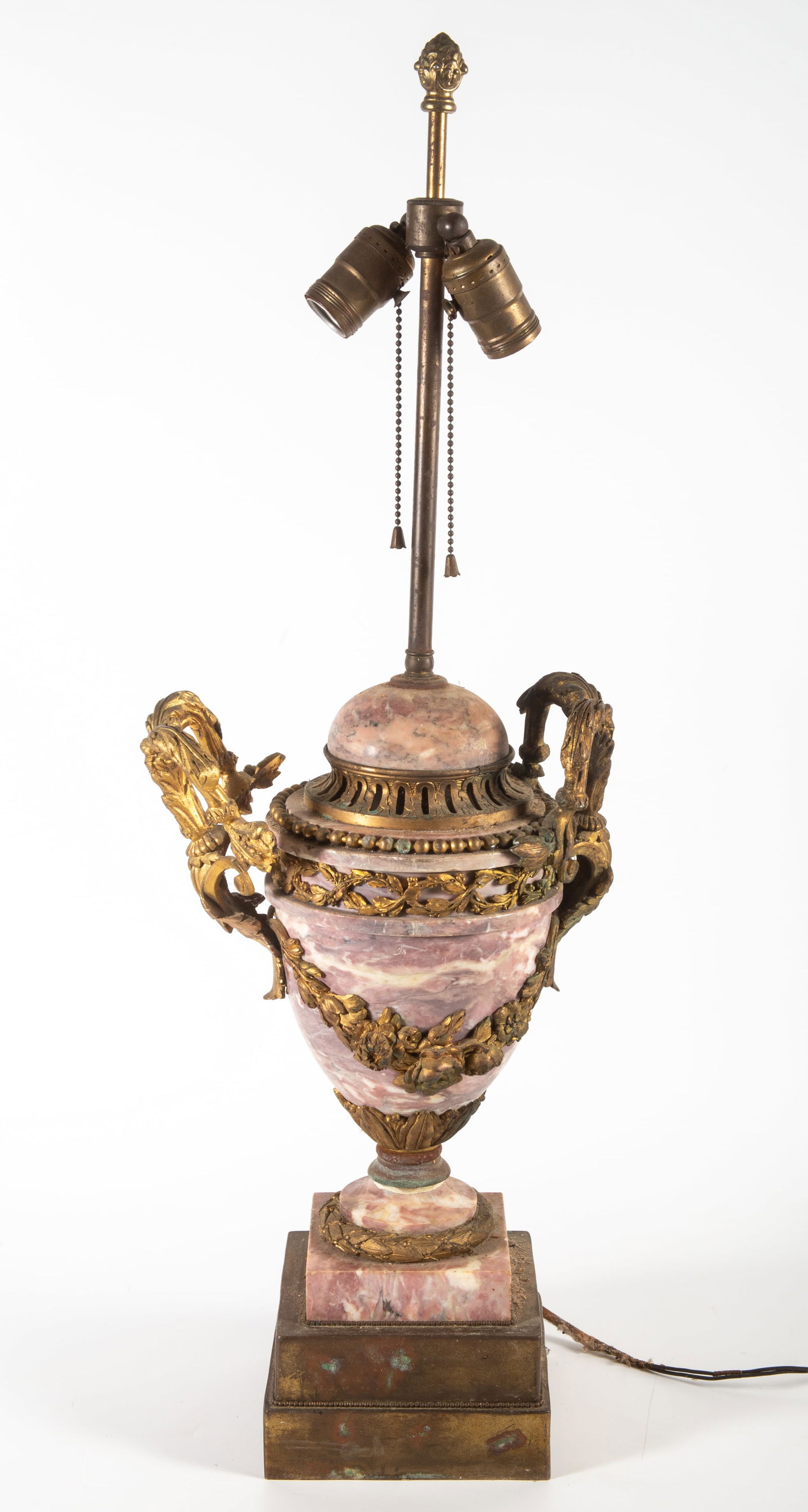 LOUIS XV STYLE LAMP: Antique red marble covered vase; ormolu mounts; loose mount; needs re-wiring; H-30", F-G